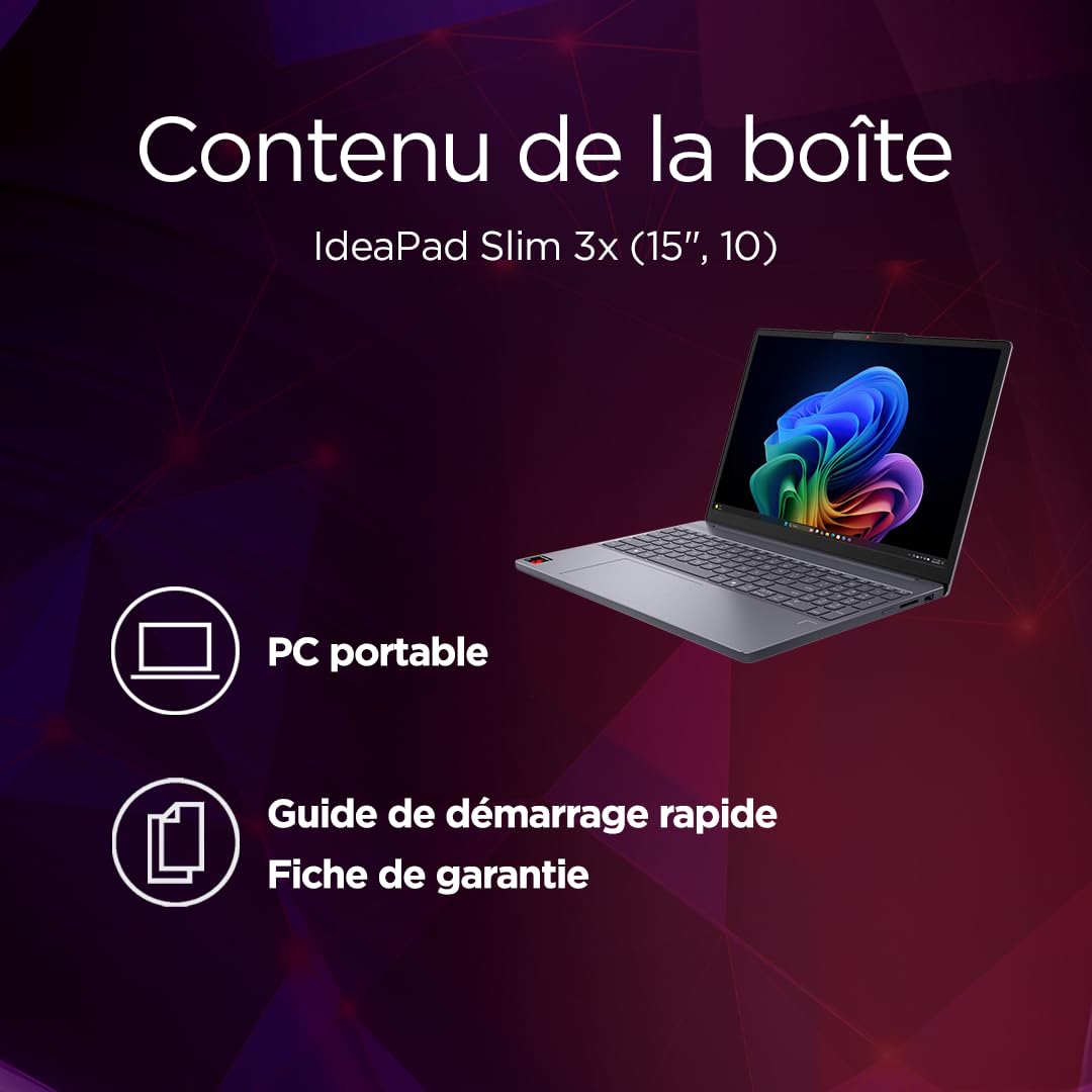Lenovo IdeaPad Slim 3 15Q8X10 - Ordinateur Portable 15.3'' WUXGA Copilot+ (Snapdragon X X1-26-100, RAM 16Go, SSD 256Go, Windows 11 Home) Clavier AZERTY Français - Gris Luna