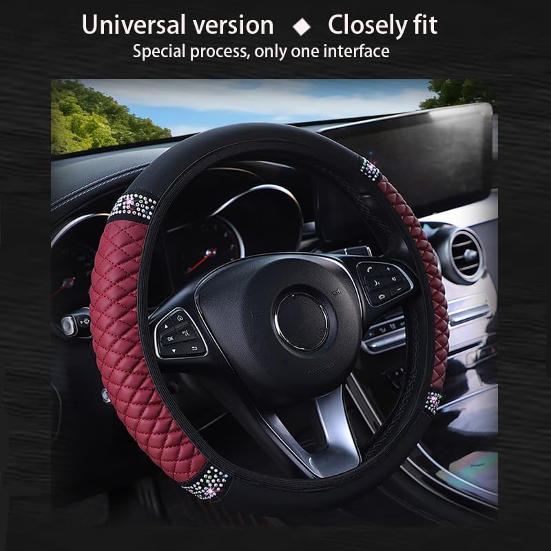 Microfiber Leather Steering Wheel Cover with Anti-Slip Lining Universal Car Accessory for Steering Wheel with a Diameter of 14.5-15 inch (Wine red) image 5