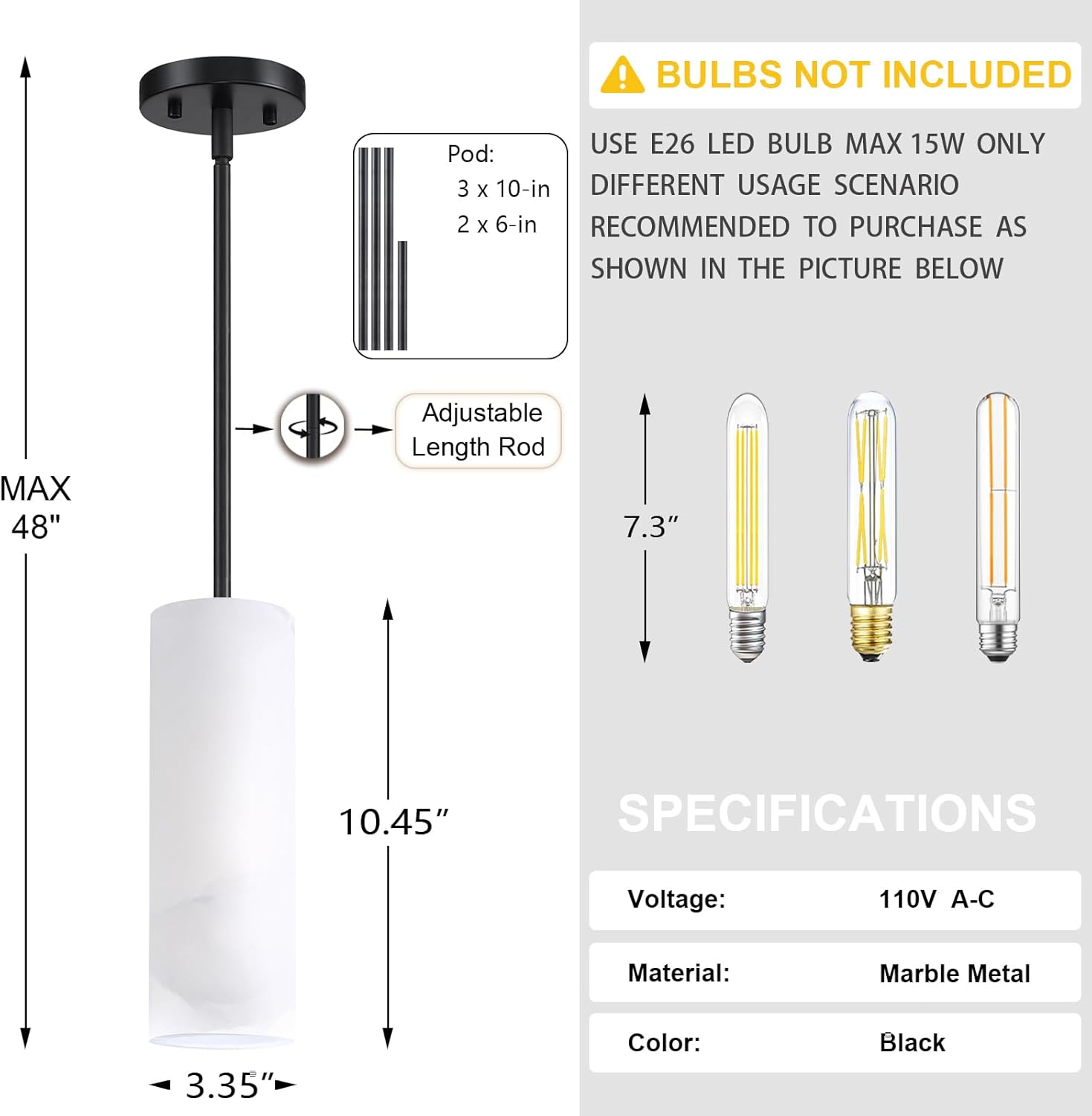 Doraimi Lighting 3 Pack 1 Light Modern Industrial Farmhouse Hanging Kitchen Island Pendant Ceiling Light Fixture,Cylinder Natural Alabaster Marble Black Finish Over Sink Restaurant bar Corridor