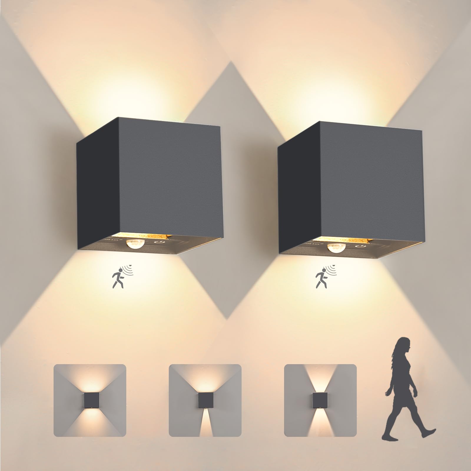 YindaLux 12W LED Wandlampe Innen/Aussen, Anthrazit IP65 Außenleuchte mit Bewegungsmelder, 3000K Außenlampe mit Touch-steuerung, Up Down Außenlampe mit Einstellbarer Lichtstrahl für Garten, 2 Stück