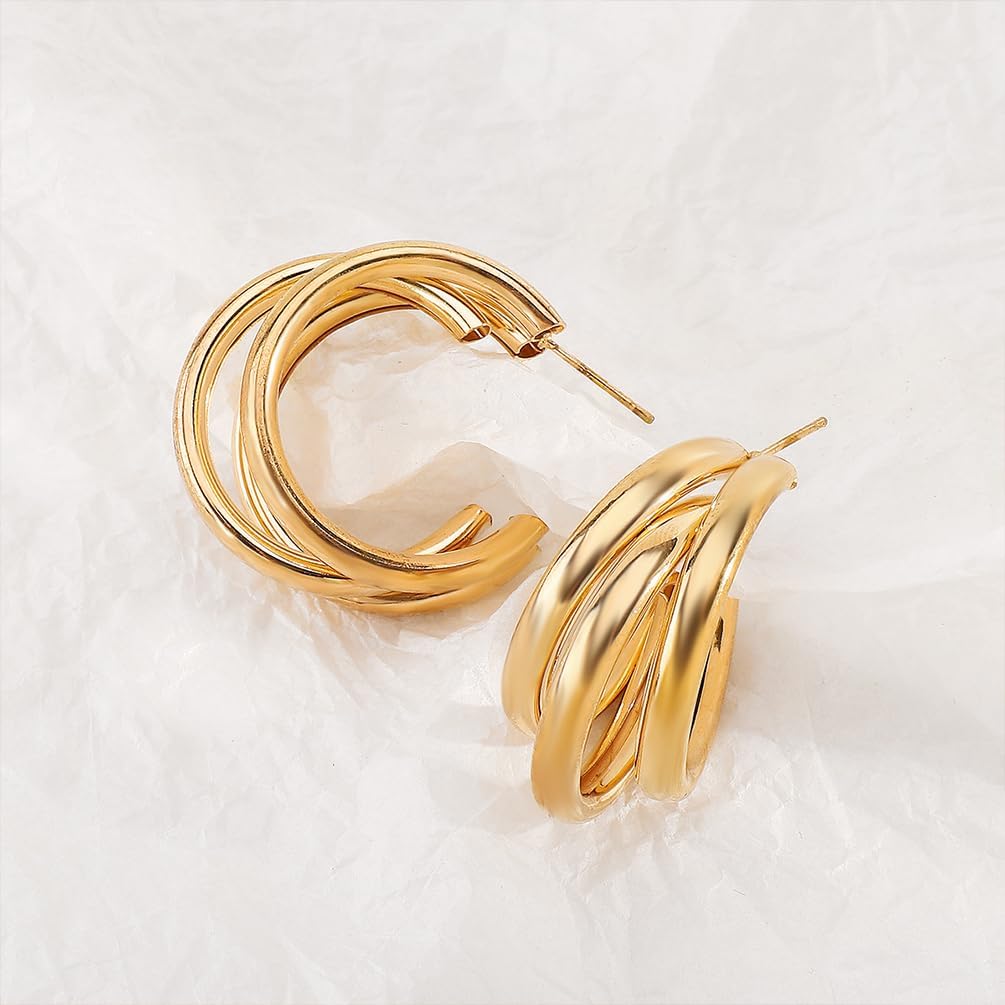 Chunky Gold Plated Triple Circle Stud Earrings for Women Statement Charming Unique C-Shaped Earring Trendy Prom Party Costume Jewelry Accessories Gift - Image 9