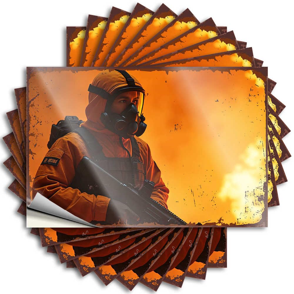 Person in Orange Suit with Gas Mask Amidst Fiery Background Bar Stuff Outdoor DIY | Badass Decal Case Removable Vinyl Sticker Decal(8X12CM)