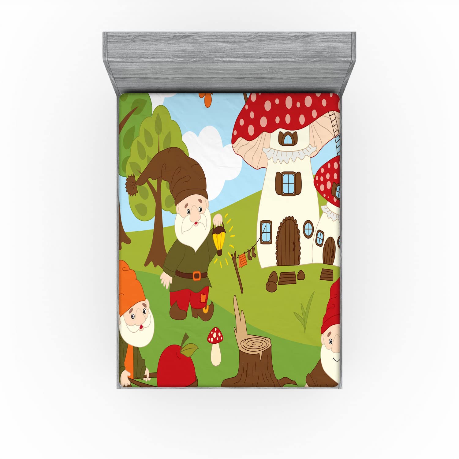 Ambesonne Gnome 2 Pack Fitted Sheet, Elves Working in The Garden, Bed Cover All-Round Elastic Deep Pockets 2 Pieces, Package Contains 2 California King Fitted Sheets, Red Green