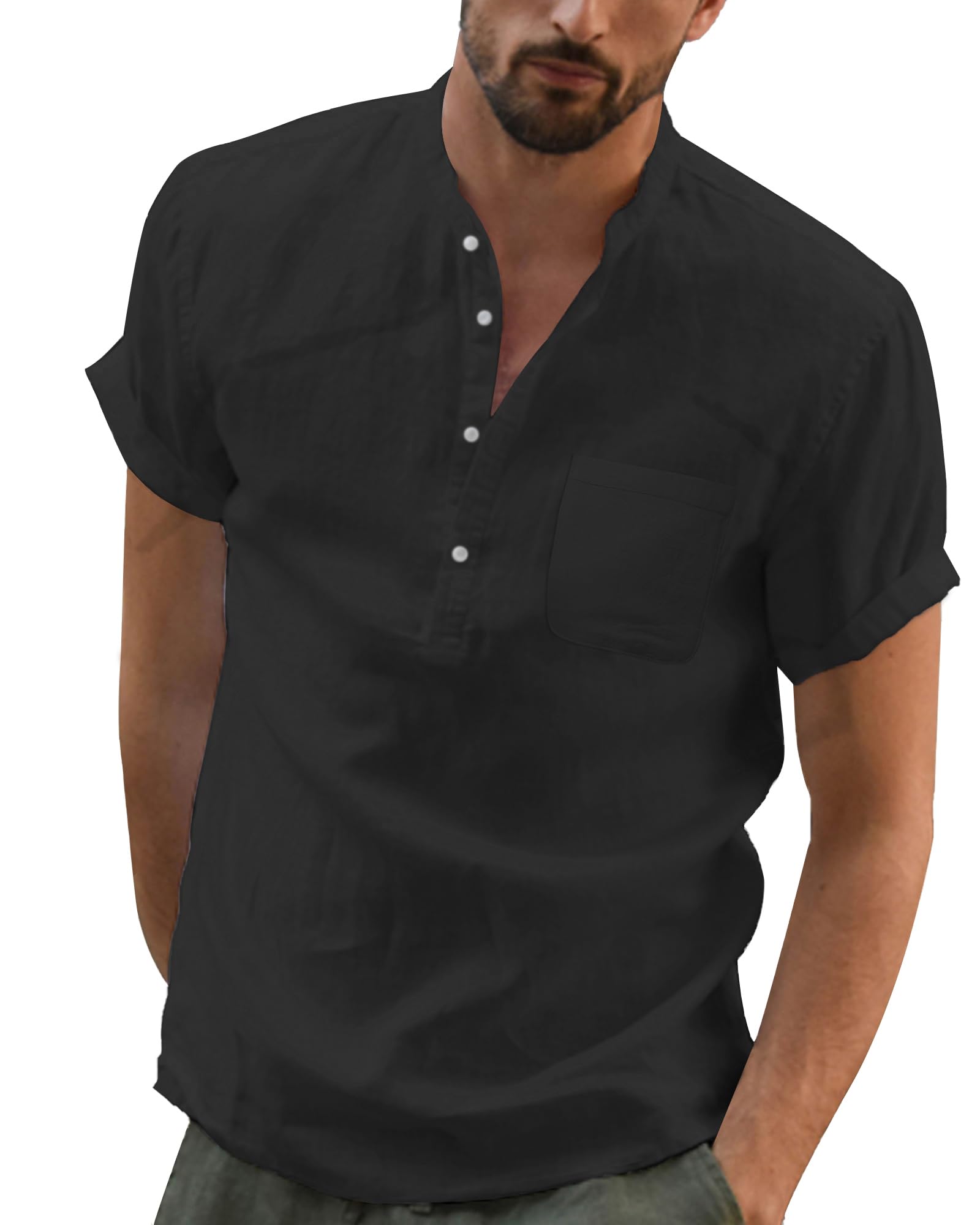 DUOLUVA Leinen Hemd Herren Kurzarm Sommer Shirt Männer Henley mit Brusttasche Universal Fit