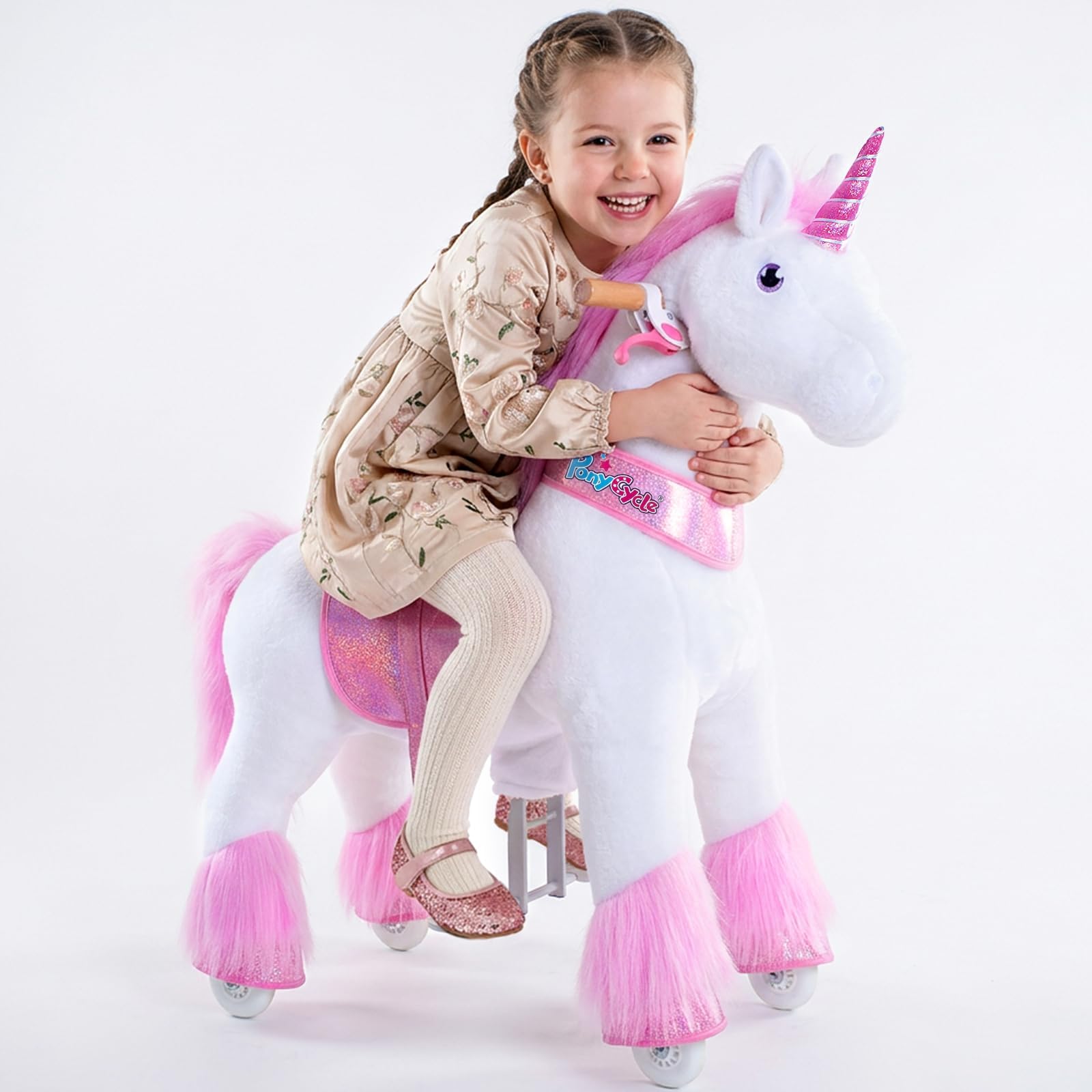 PonyCycle Ride on Unicorn Horse for Kids Toddler Rocking Horse No Battery Required (with Brake/ 30" Height/Size 3 for Age 3-4) Pink Unicorn Plush Kids Ride on Horse Toys Rideable Unicorn Gifts Ux302