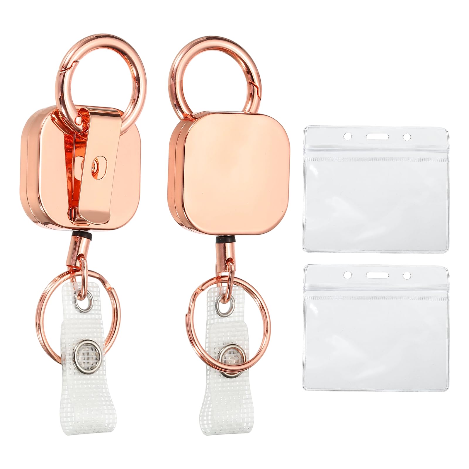 PATIKIL Retractable Badge Holder, 2 Pcs Metal Badge Reels, Square Retractable Keychain with Belt Clip Key Ring and Horizontal ID Holders for Men Women Teacher Keys Name Cards, Rose Gold