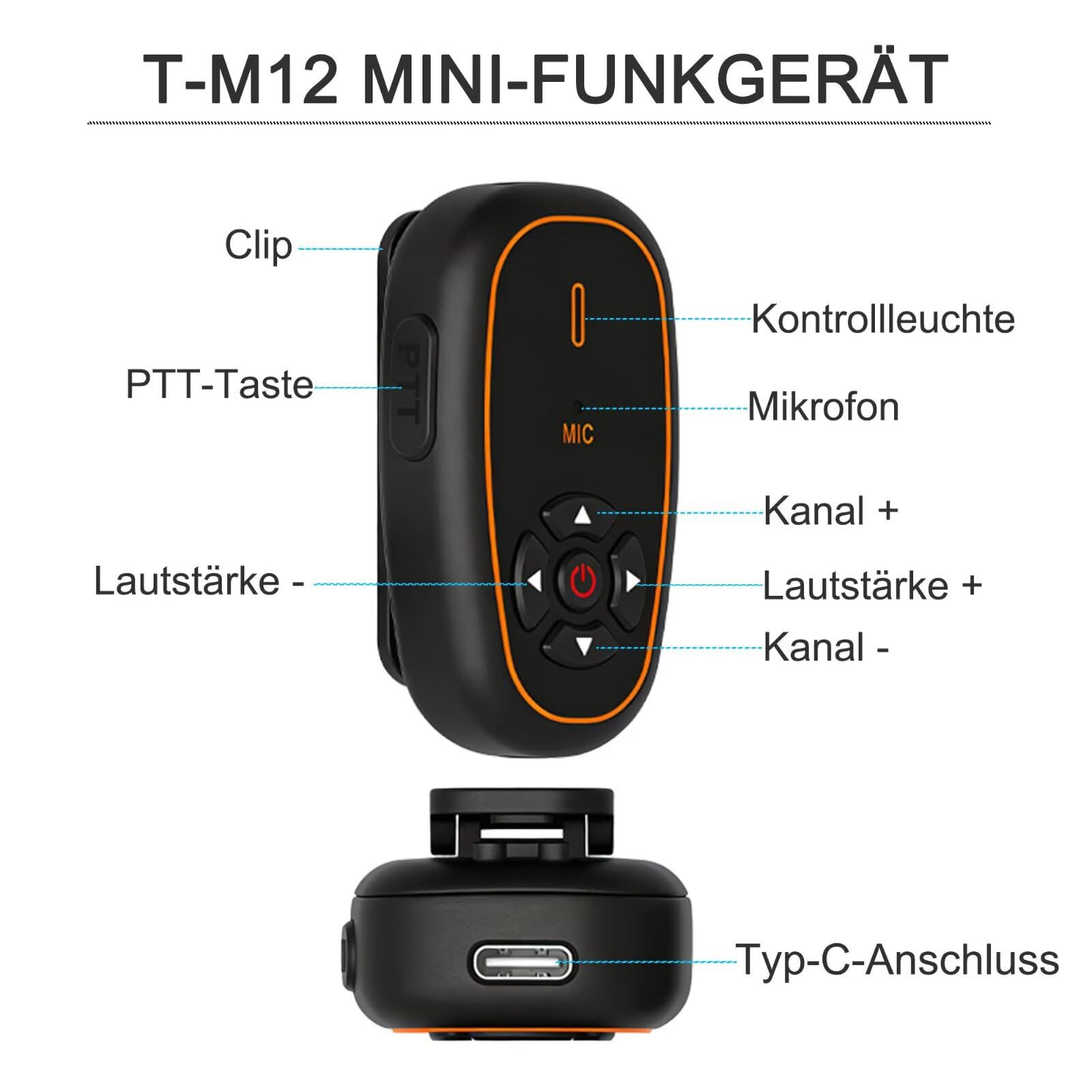 T-M12 Mini Funkgerät mit Headset KI-Sprachsteuerung Hände Frei | Typ-C Wiederaufladbarer 16 Kanäle 28g Leicht Mini Walkie Talkies für Gastronomie Einzelhandel Outdoor Reisen (2 Stück)