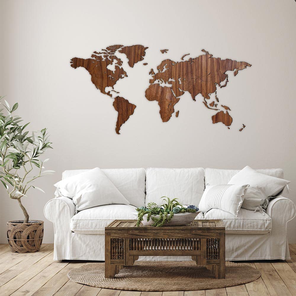Carte du Monde en Bois 2D CREATIFWOOD Foncée S (80 x 55 cm) - Décoration Murale - Imagerie Murale - Encadrement