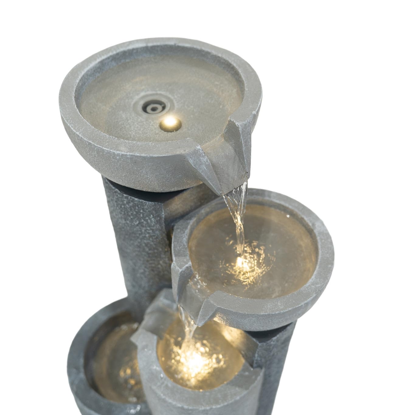 Kaskadierende Outdoor-Wasseranlage – Elektrischer Gartenbrunnen in Grau – 3 warmweiße LED-Leuchten – Netzbetriebene Pumpe – Deko für Garten & Zuhause – Tranquil Tiers – Reinigungsbürste