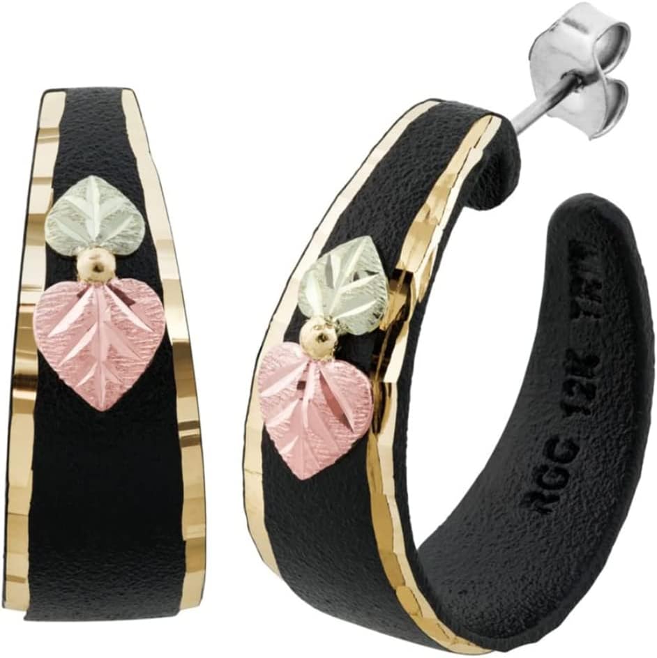Black Hills Gold Black Hoop Earrings with 12k Green & Rose Gold Heart Grape Leaves Tapered Hoop Earrings Powder Coated Brass Womens Jewelry