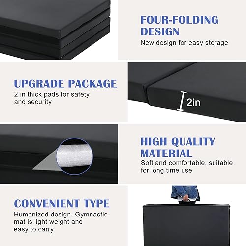 Miniatura 10 de Tapete de gimnasia plegable de 4 x 8 x 2 pulgadas, extra grueso de alta densidad antidesgarro con asas de transporte, cierre de gancho y bucle,