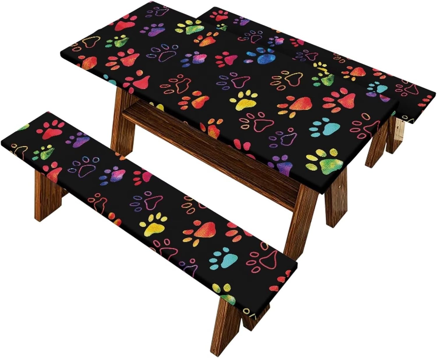 Binienty Colored Dog Paw Print Camping Tablecloth Kit with Non-Slip Bench Covers - 3 Pack Patio Furniture Covers for Table & Benches, Spill-Proof & Foldable Outdoor Camping Essentials, 30x72 Inch