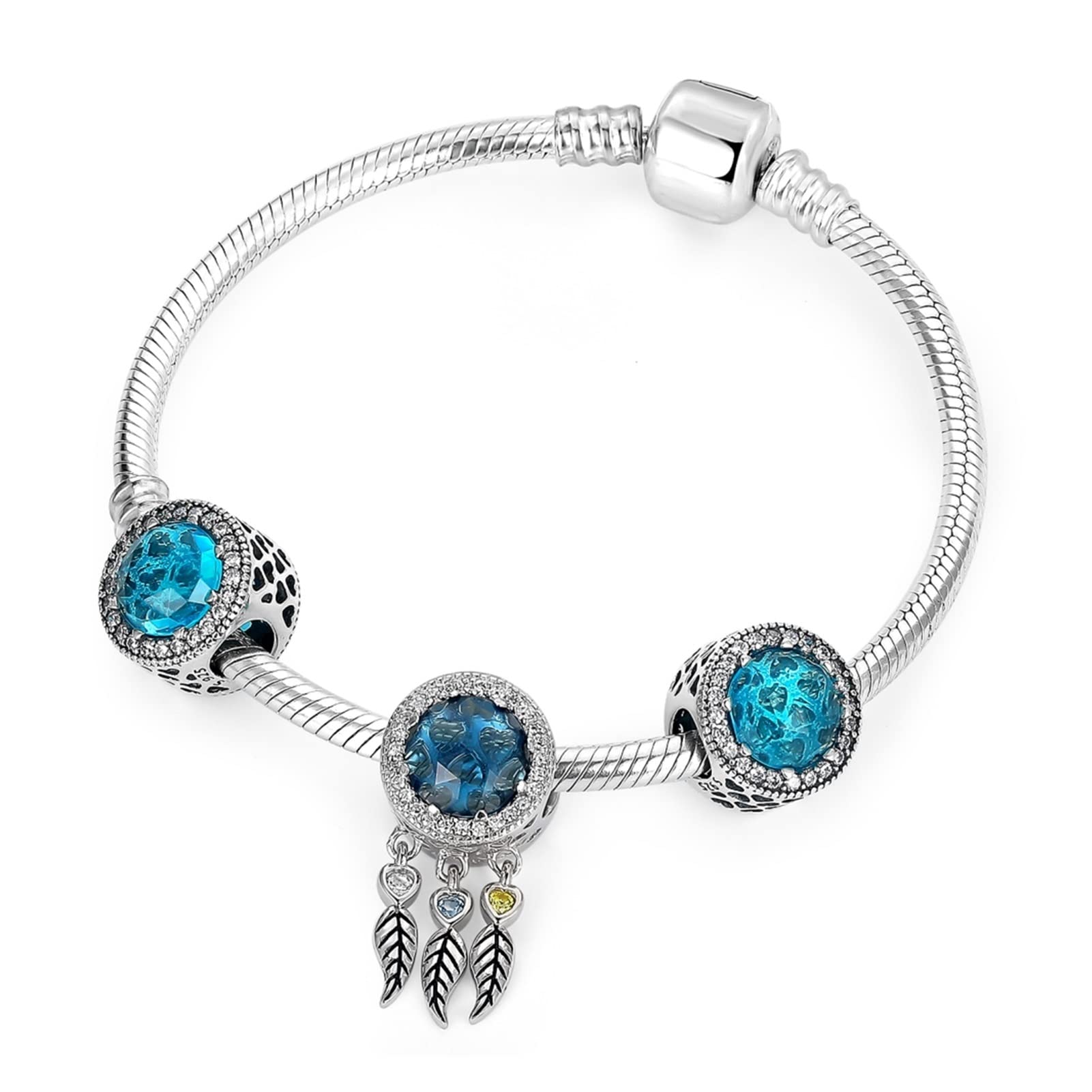 ALREMO HUANGXING - 925 Sterling Silver Dreamcatcher Charms Bracelet Bangle Compatible with Women Silver Jewelry Lucky Charm Bangles (Length : 20cm)