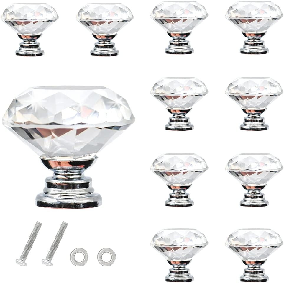 CCUCKYCrystal Wardrobe Door Knobs 30mm, Clear Cupboard Door Knobs, Diamond Design Shinny Glass Doorknobs, Cabinet Handle Set 10 Pieces