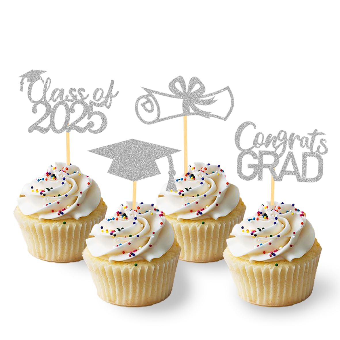 2025 Graduation Theme Cupcake Toppers Glitter Class of 2025 Graduation Cap Diploma Cupcake Picks - Set of 24 (Silver)