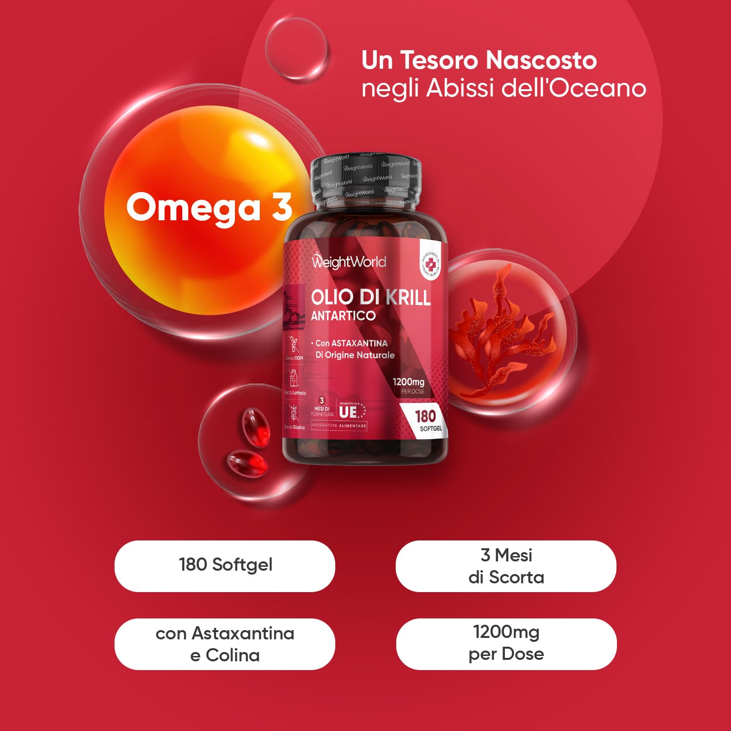 Olio di Krill e Coenzima Q10 Bundle, 180 + 240 Softgel, Omega 3 Krill Antartico 1200mg per Dose, 264mg di EPA DHA, Colina, Q10 Coenzima come Ubiquinone, 200mg per Dose, Senza Glutine, Lattosio né OGM