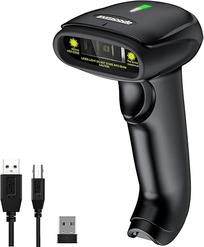 symcode - Escáner de código de barras inalámbrico USB, lector de código de barras láser 1D automático de mano de 2.4 GHz, distancia de transmisión