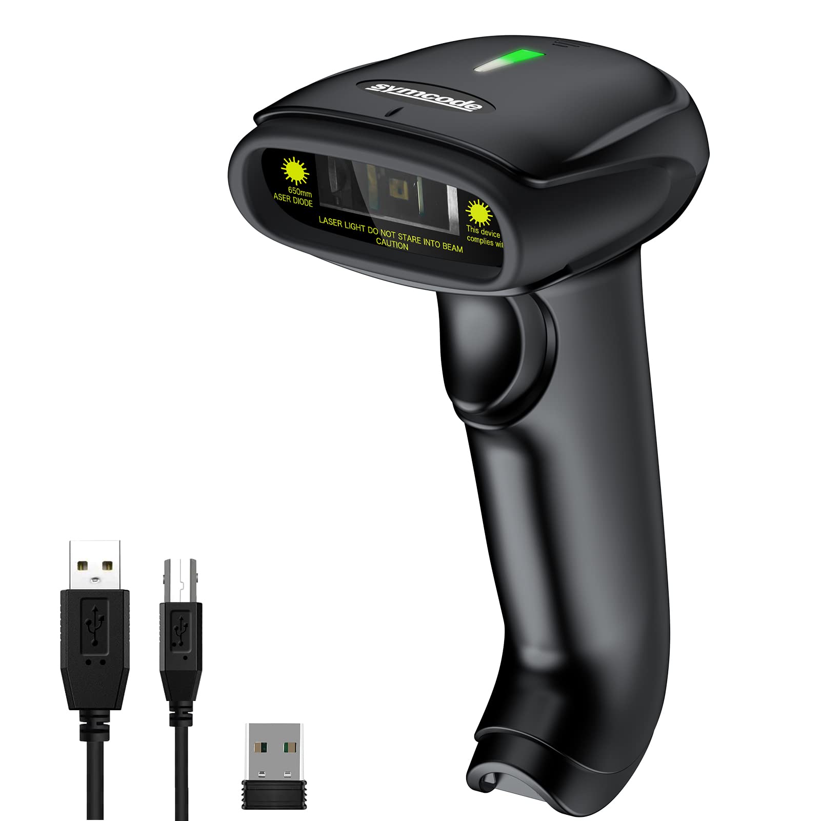 USB Wireless Barcode Scanner,Symcode 2.4GHz Handheld Automatic 1D Laser Barcode Scanner Reader 328 Feet Transmission Distance Rechargeable 1D Laser