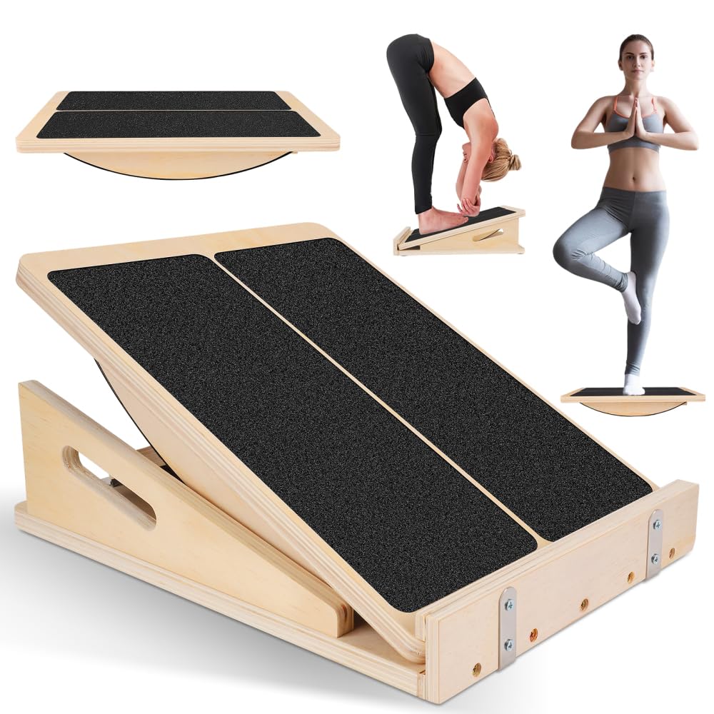 2 In 1 Wooden Slant Board Calf Stretcher & Balance, 5 Angles Adjustable Slant Board, Non-Slip, 200 lbs Capacity
