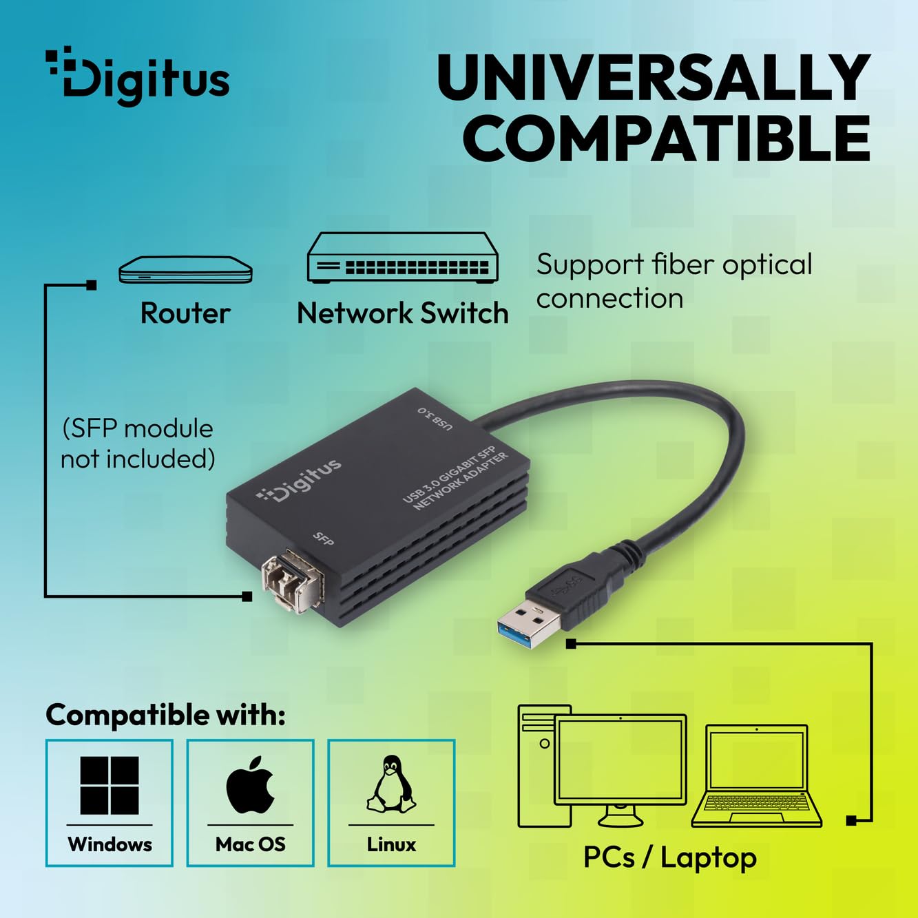 DIGITUS USB 3.2 Gen1 SFP Glasfaser-Netzwerk-Adapter – 1000 Mbit/s