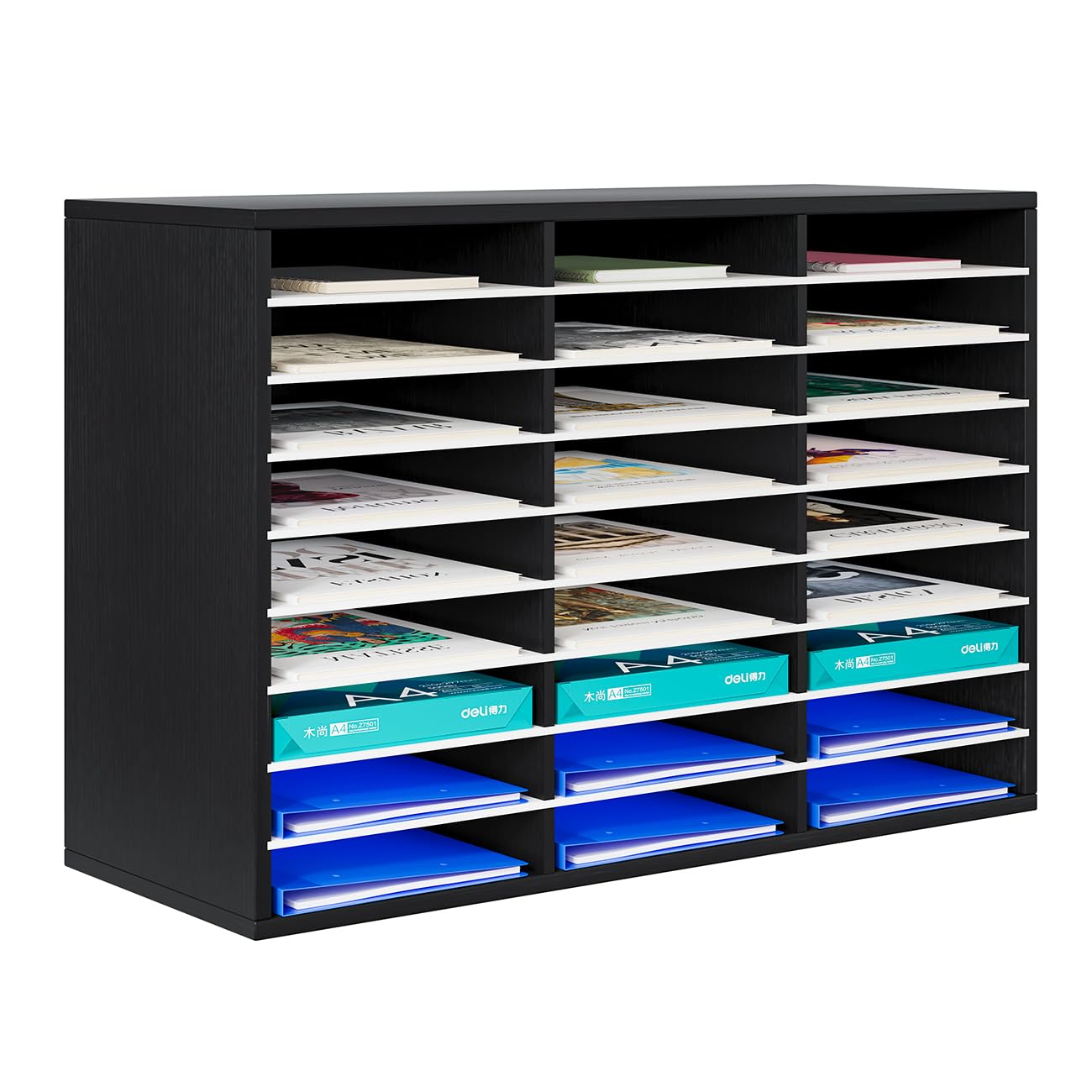 Wood Classroom Mailbox 27 Compartments Literature Organizer with Adjustable Shelves Paper Storage Cabinet Wooden Mail Sorter Organizer for Office Home School, Black and White