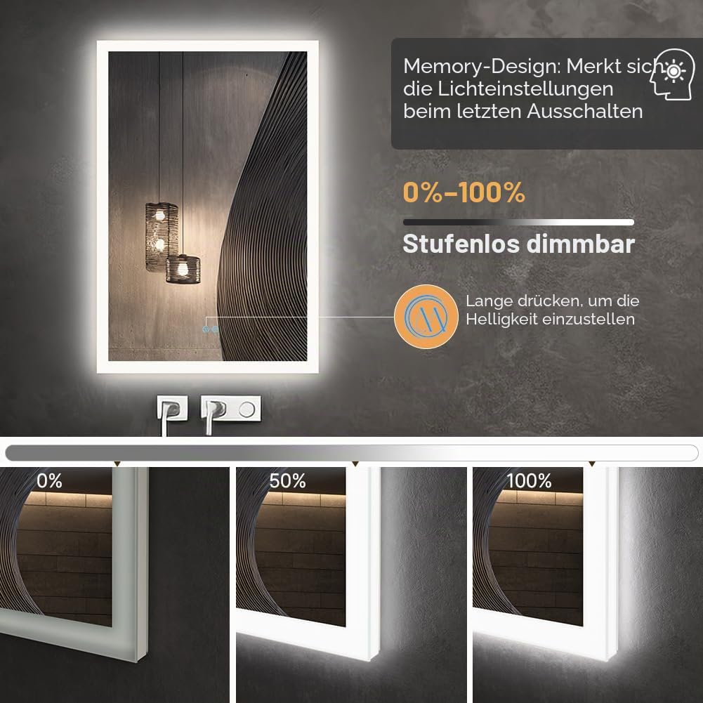 badezimmerspiegel mit Beleuchtung, Sandstrahl-Design led Spiegel Bad, 3 Farbtemperaturen, Dimmbar, Entfogging, Memory-Funktion, Modernes Design, HD, Touch-Schalter