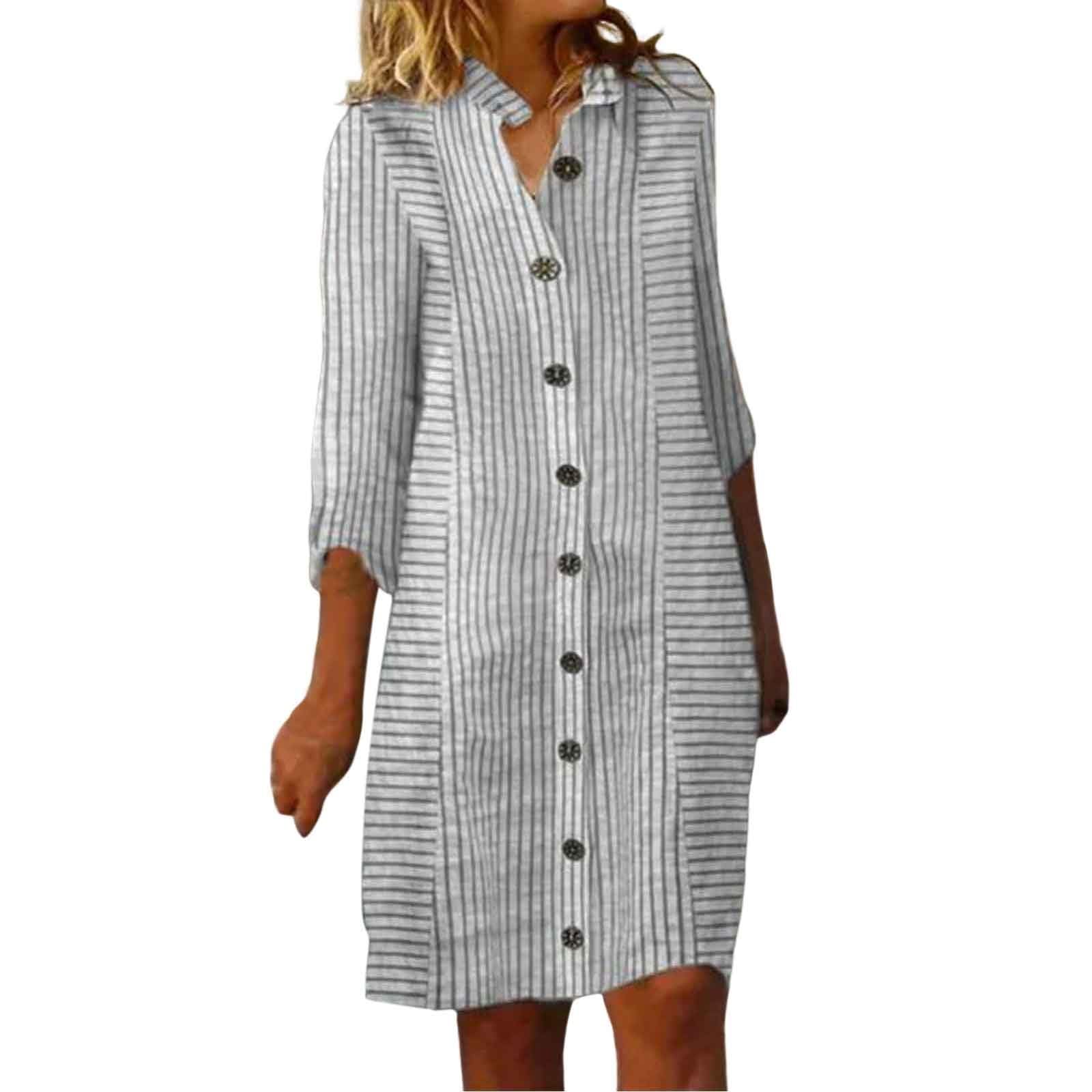 Generic Vestido de verano para mujer, vestido de lino, vestido casual, vestido sólido, camisa, falda larga, informal, manga larga, cárdigan de punto, vestido largo de verano con bordado