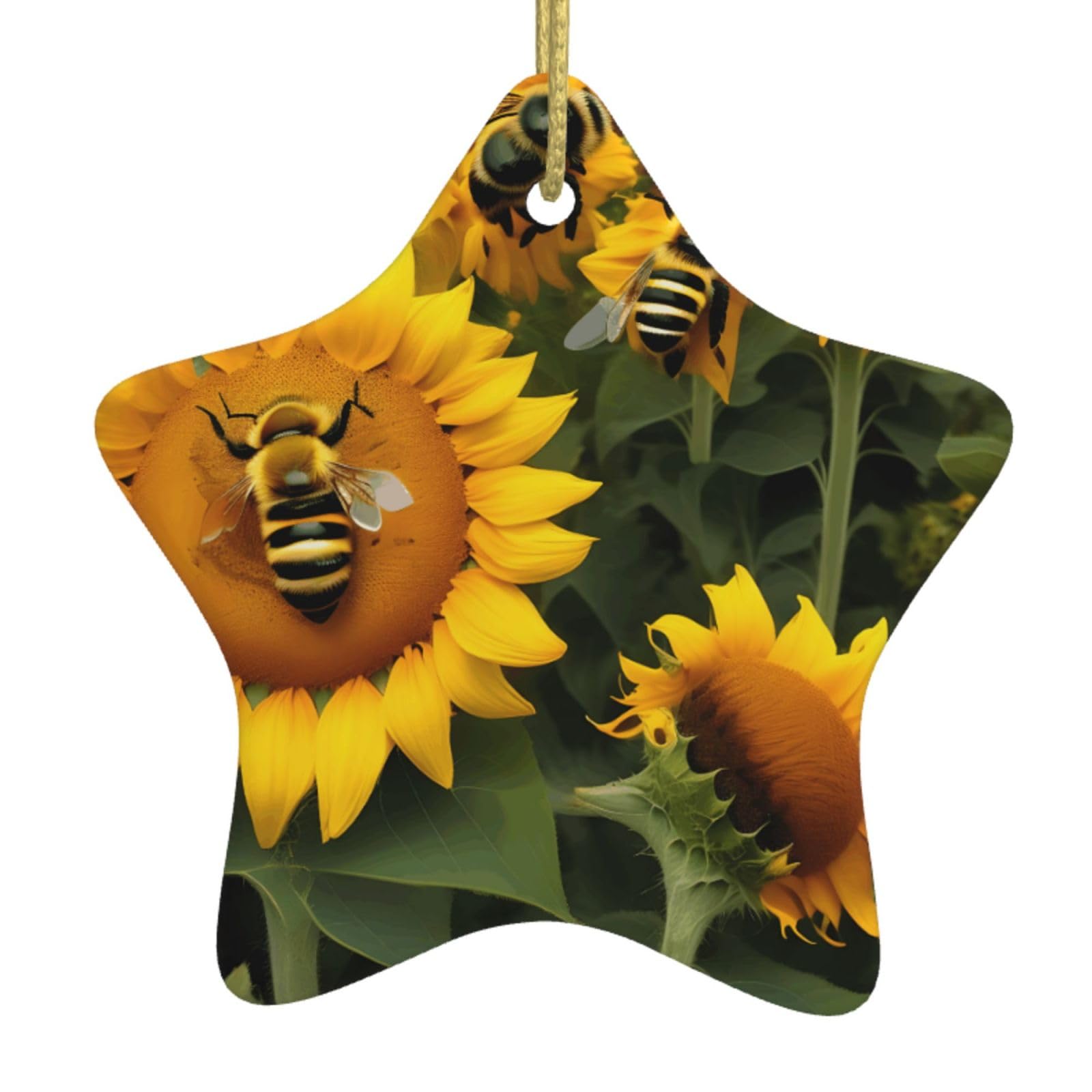 Nbtghga White Sunflower Bees Print Christmas Ornaments, Ceramic Hanging Ornament, Round Shape Decorations