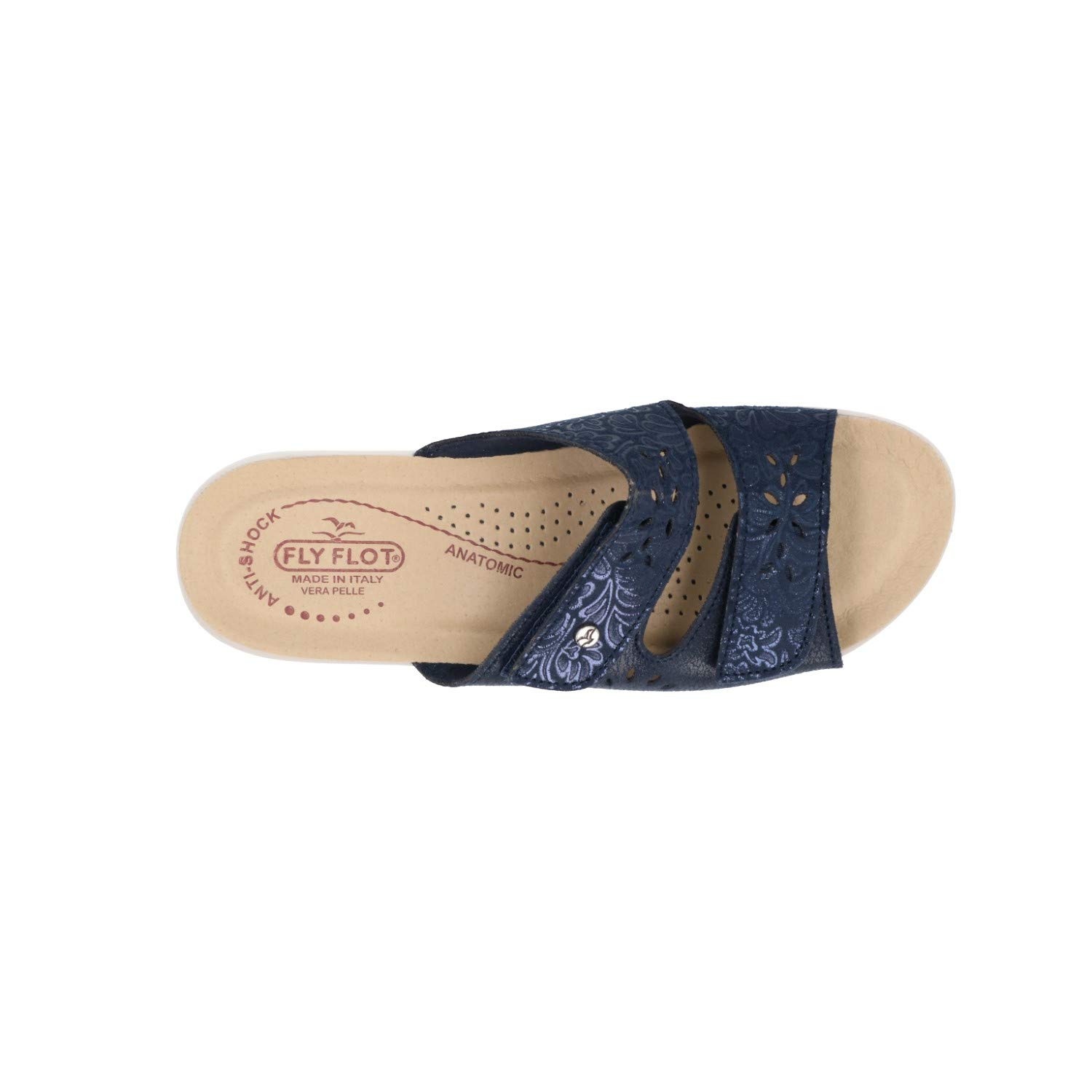 Fly Flot T4A56 6E Blu Ciabatte Donna Made in Italy con Due Strappi Regolabili Sottopiede ANATOMICO ANTISHOCK Vera Pelle Zeppa 3,5 CM Antiscivolo