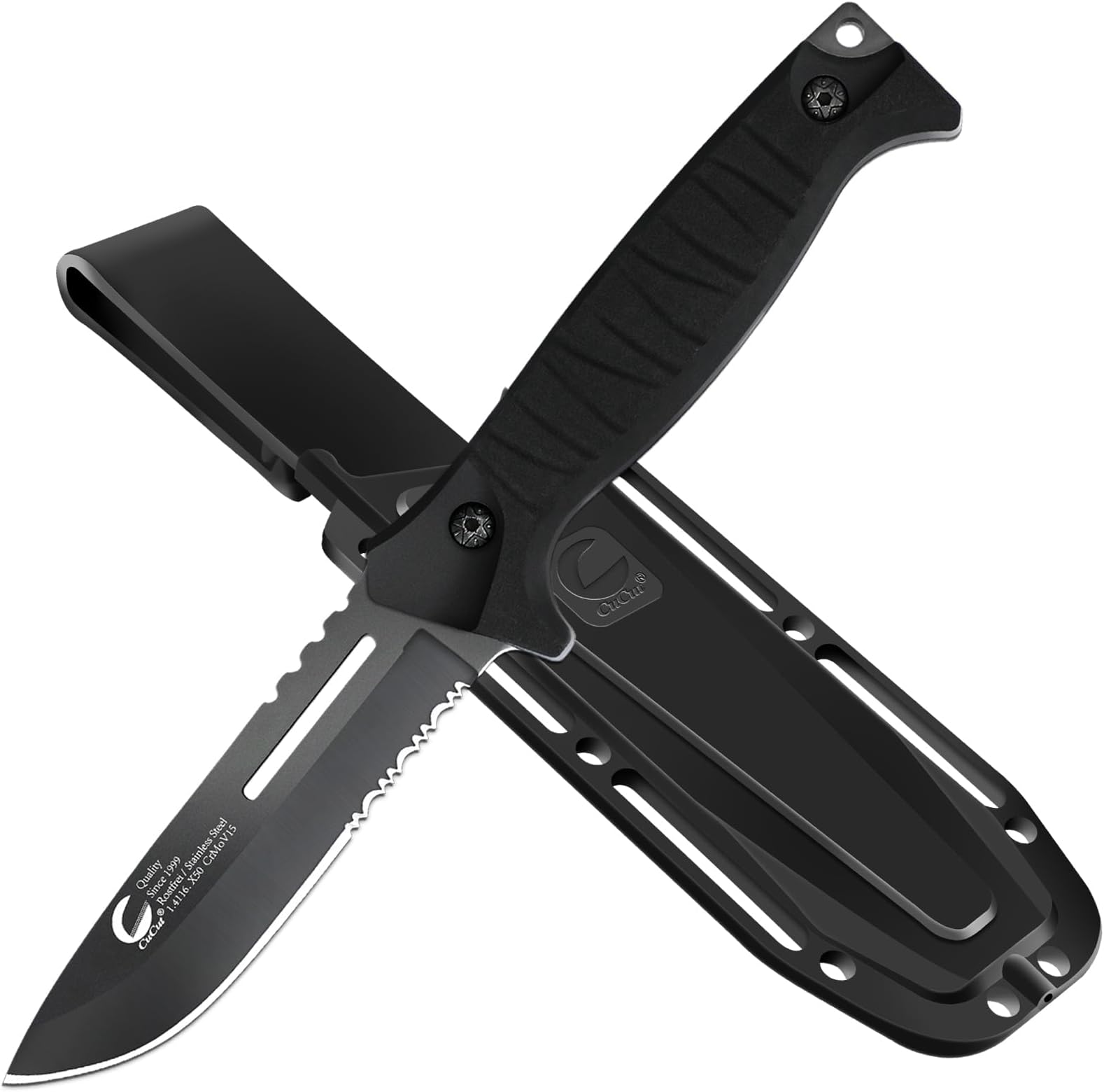 Full Tang Fixed Blade Knife with Sheath - 4-inch Carbon Steel Blade, Black Non-Stick Finish with Serrated Edge, PP Handle Camping Knife for Outdoor, Survival, Hiking