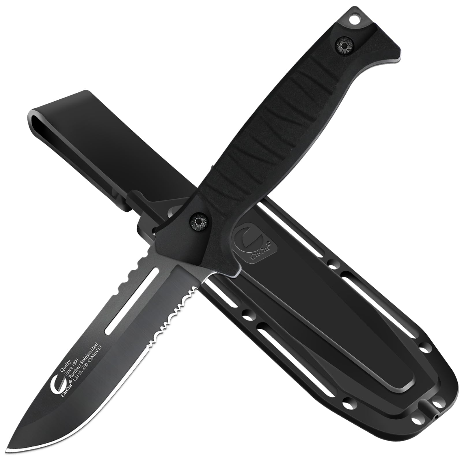 CuCut Full Tang Fixed Blade Knife with Sheath - 4-inch Carbon Steel Blade, Black Non-Stick Finish with Serrated Edge, PP Handle Camping Knife for Outdoor, Survival, Hiking