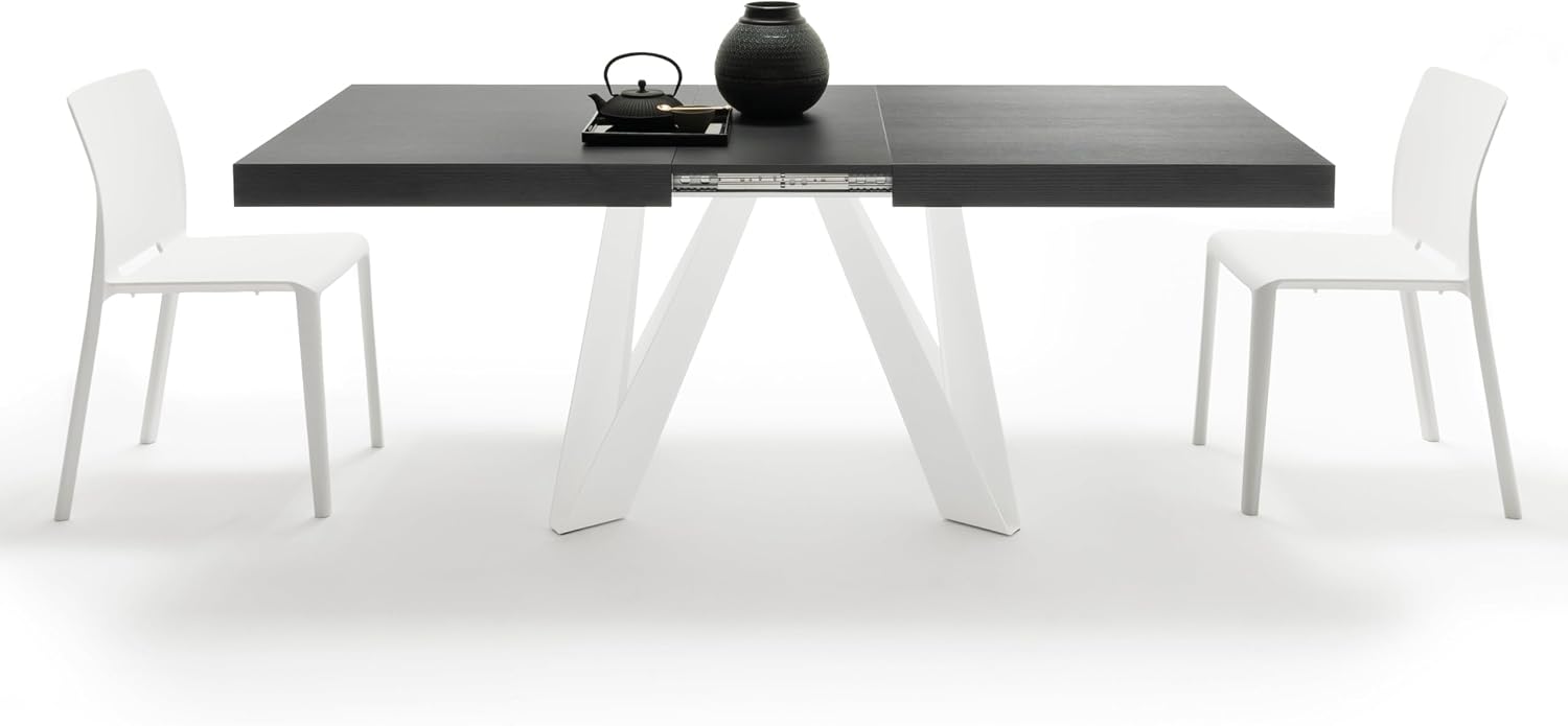 Mobili Fiver, Romina Extendable Table 63(94.5) x35.4 in, Ashwood Black with White Iron Legs, for 6-10 People, Expandable Dining Table for Kitchen, Living Room, Italian Furniture