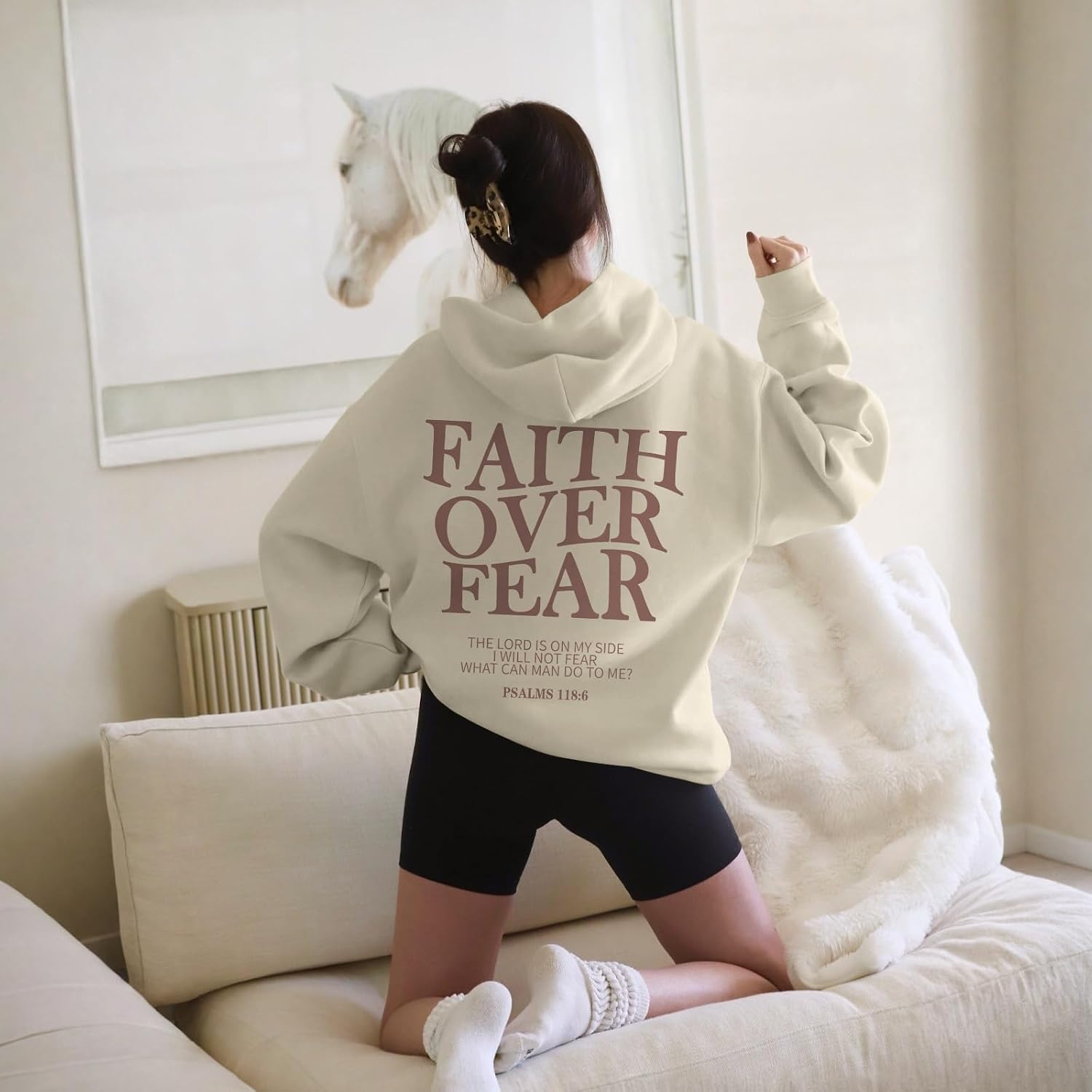 Wrenpies Faith Over Fear Hoodie for Women Christian Jesus Bible Verse Sweatshirt God Religious Oversized Tops