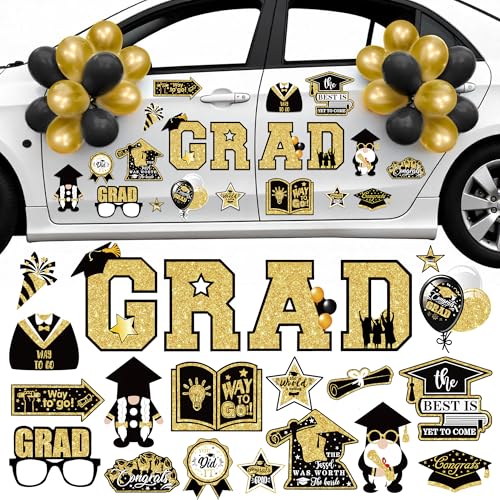 KatchOn, Graduation Car Magnets 2026 with Balloons - Pack of 51 | Magnetic Grad Stickers, Grad Balloons for Grad Parade Car Decor | Black and Gold Graduation Car Decorations 2026