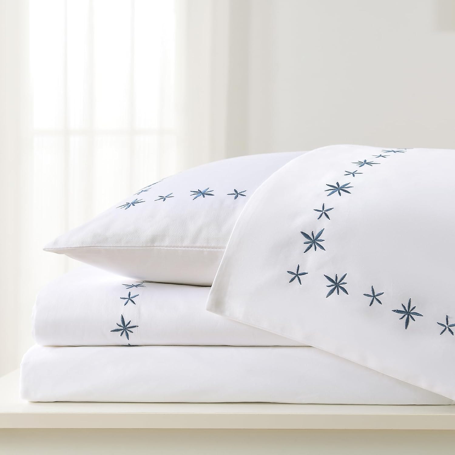 PANDATEX Luxurious 100% Cotton White Embroidered Sheets - 80s Ultra Soft Yarn, High End Hotel Quality Sateen Bedding for King Size Bed with 16'' Deep Pocket, Blue Daisy Design