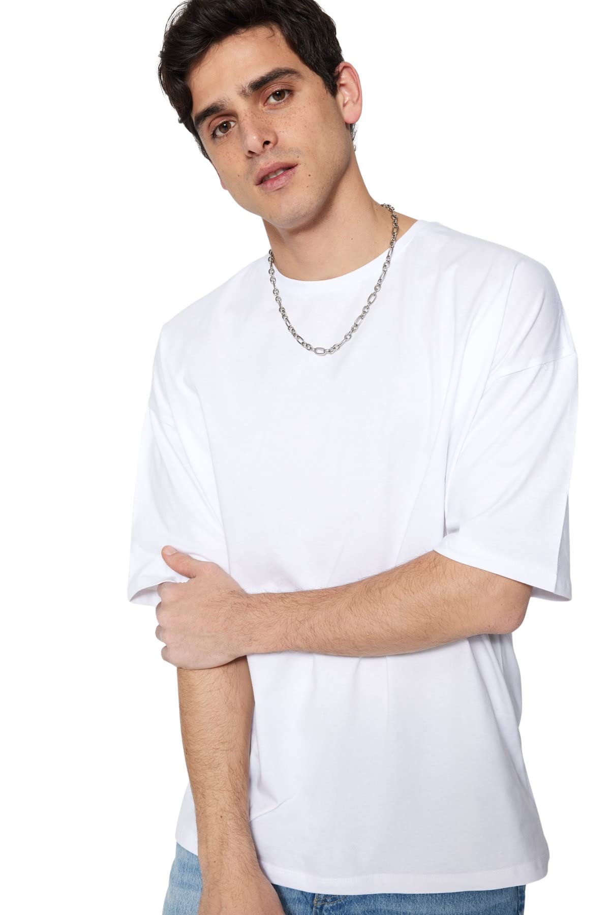 Trendyol Herren Weiß Basic Oversize Standard Crew Neck Woven T-Shirt Hemd, Large
