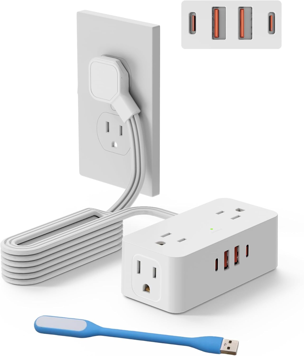 Extension Cord with Multiple Outlets,with5 Ft Power Cord Flat Plug Power Strip Surge Protector,4 Outlet4 USB Ports (2 USB C),Multiple Plug Adapter for Travel Home Office,Gift a USB Night Light