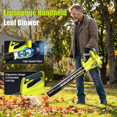 Leaf Blower Cordless,Electric Leaf Blowers 1200W Brushless w/ 6.0Ah Battery Fast Charger,6 Speed Powerful Blowers for Garden Lawn Care Patio Blowing Leaves Dust Snow Gift for Men Green by SIREF - Used condition - Image 4