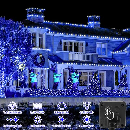 YEGUO Solar Rope Lights Outdoor Waterproof, 66ft 200 LED Blue and White String Lights, 8 Modes Fairy Lights in Clear Thin Tube by YEGUO - Image 3