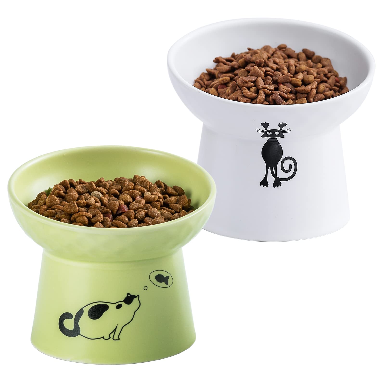 OMAYKEY Ceramic Raised Cat Bowls, Tilted Elevated Cat Food Water Bowl Set, Porcelain Stress Free Pet Feeder Dish for Cats and Small Dogs, Dishwasher