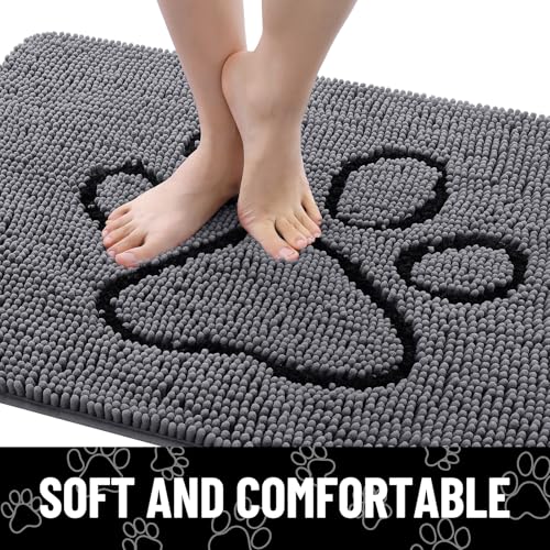 Image of Smiry Dog Door Mat for Muddy Paws, Absorbent Dirt Trapper Non Slip Quick Dry Washable Chenille Mat for Mud Dogs, Entry Rug for Indoor and Outdoor (70x24 Inches, Dark Grey and Black)