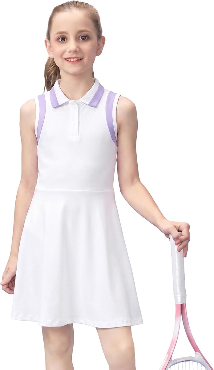 Gogokids Girls Tennis Dress Sleeveless Quick-Dry Kids Golf and Athletic Workout Outfit with Polo Collar for 6-14Y