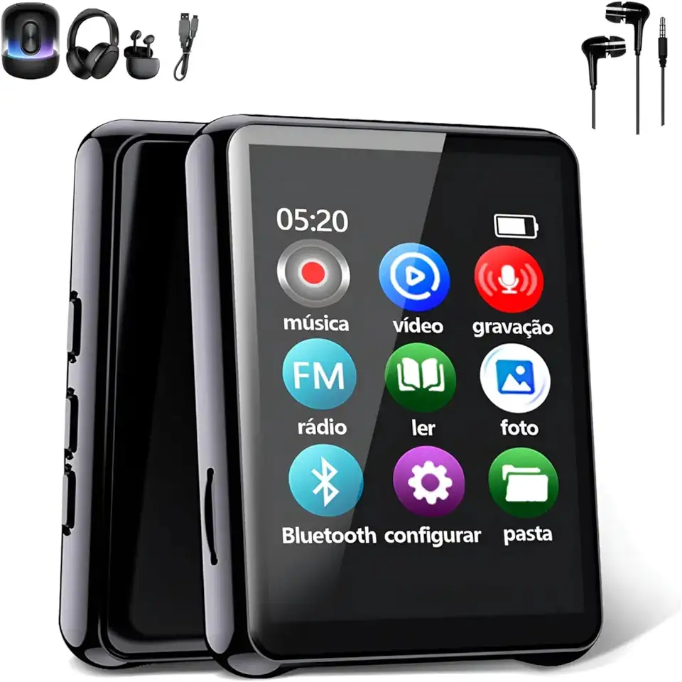 Leitor de MP3 com Tela Touch de 1.8 Polegadas, Bluetooth 5.0, Reprodutor de Música Portátil com Rádio FM, Gravação de Voz, Vídeo e Foto, Bateria Recarregável, Design Metálico Ultrafino