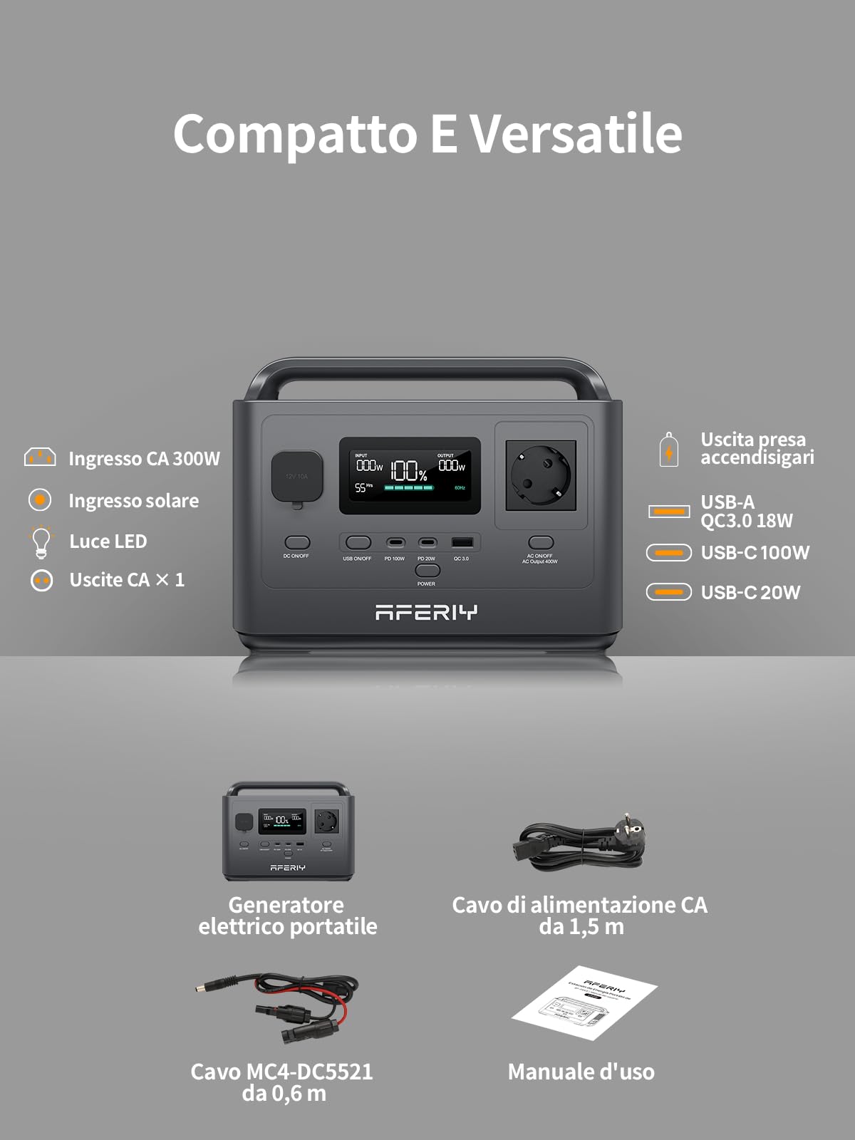 AFERIY AF-P040 Stazione Di Energia Portatile Da 400 W, Batteria LiFePO4 Da 256 Wh, Ricarica Rapida In 1,2 Ore, Numerose Connessioni, UPS, Generatore Solare Per Campeggio Ed Emergenze