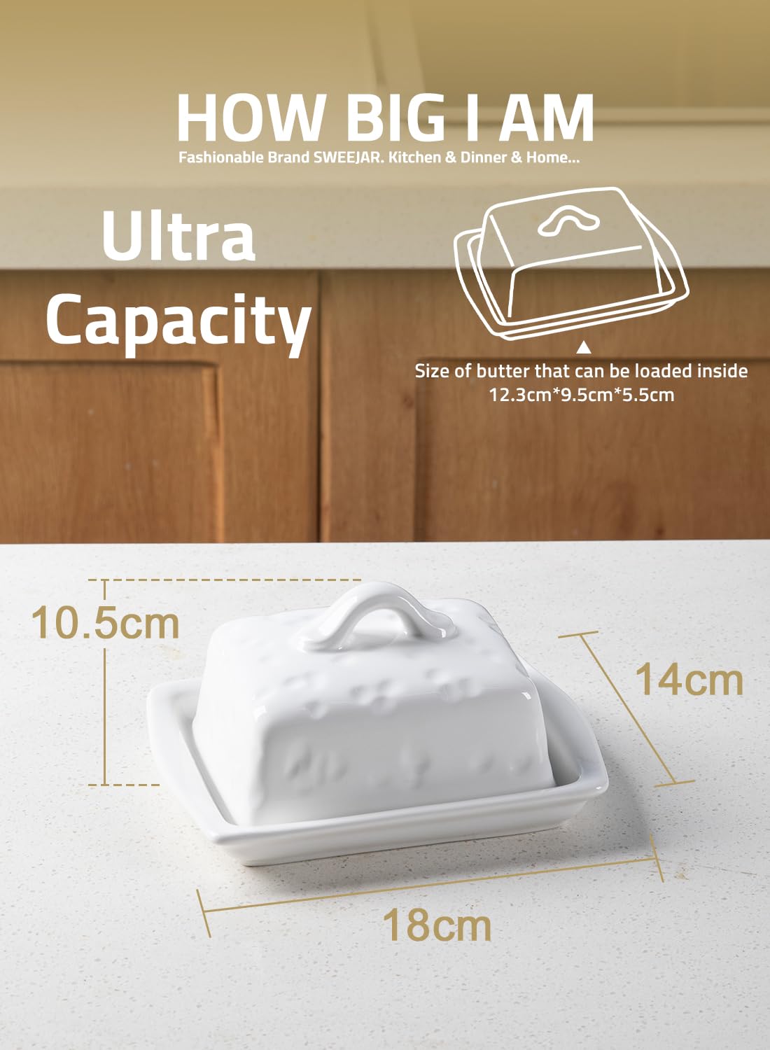 Sweejar Home Ceramic Butter Dish with Lid,Cheese-Shaped Butter Holder,Cute Butter Dish for Countertop,Kitchen Deco & Butter Storage(White) - Image 3