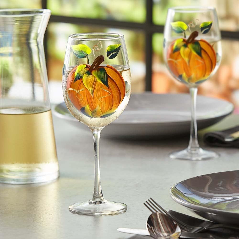 Brushes with a View® Hand-Painted Pumpkin Wine Glasses – Set of 2 Stemmed 12oz – Fall & Thanksgiving Glassware – Autumn Harvest Décor – Hostess Gift – Handmade in USA