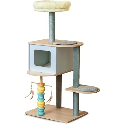 Pawalaya 高級木製猫 タワー 125cm 3段 大型 設計 耐荷重15kg｜サイザル爪とぎ+ハンモック+ボールおもちゃ付き｜猫の快適空間 室内用