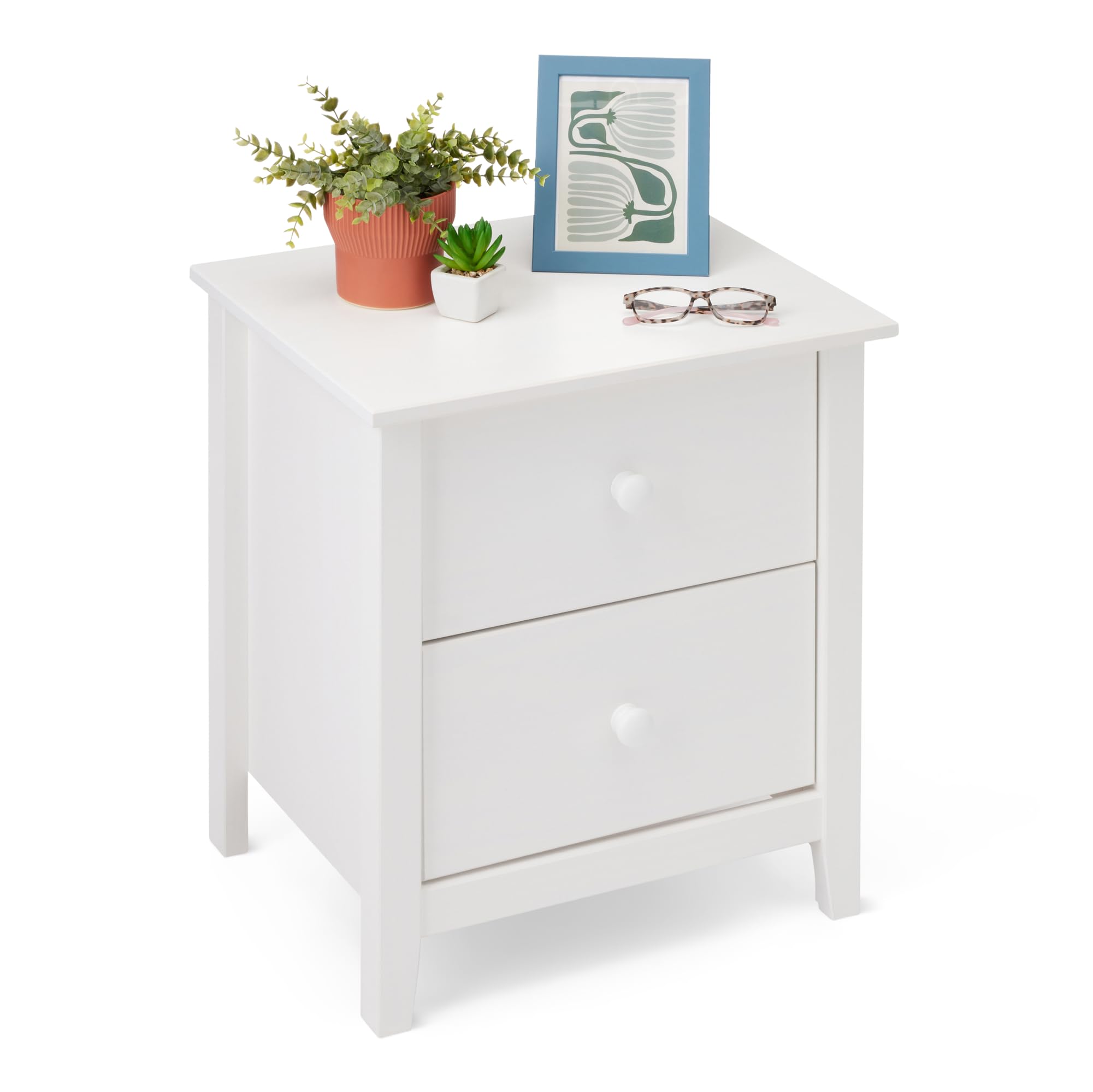 Amazon Basics Bedside Table, 2 Storage Drawers, Solid Pine Wood Nightstand, Cabinet for Bedroom, Living Room or Office , 51 x 40.6 x 58.4 cm, White