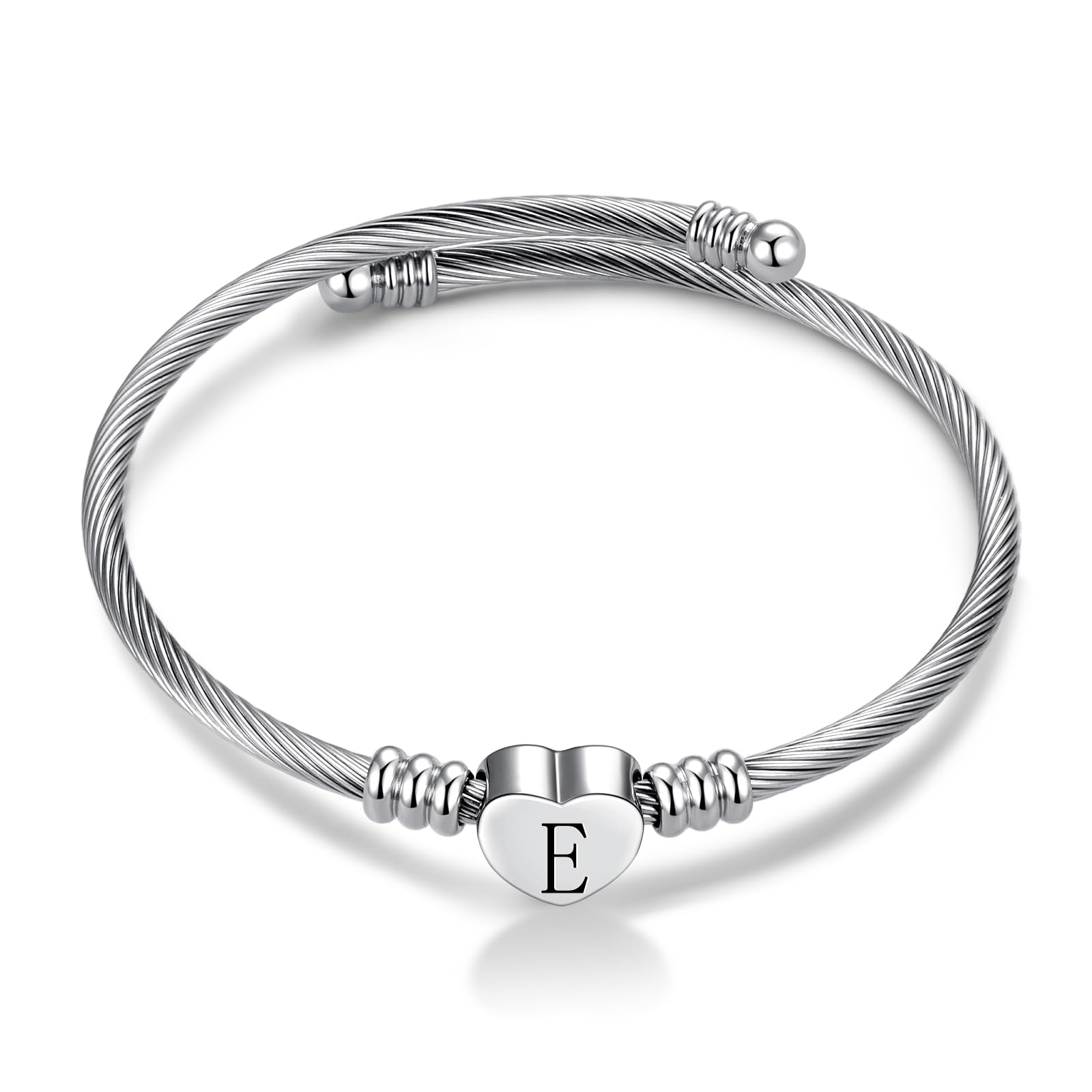 Silver A-Z Initial Heart Letter Cuff Bangle Bracelets for Women Name Family Birthday Christmas Stainless Steel Alphabet