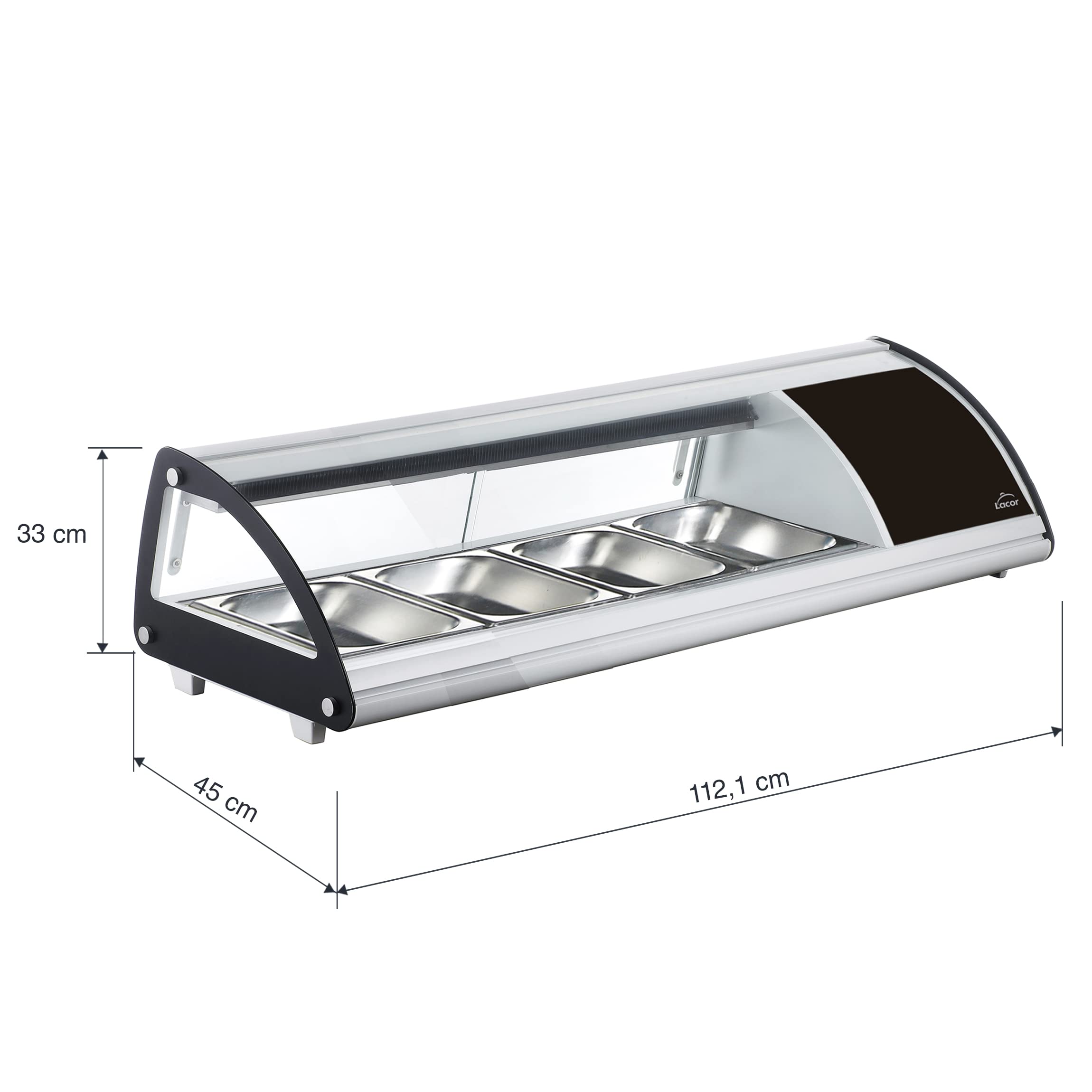 Lacor - 69605 - Vitrina Refigerada, Expositor de Alimentos, Cristal y Acero Inoxidable, Capacidad: 4xGN 1/3, 160 W, Termostato Regulable: 0ºC - 12ºC